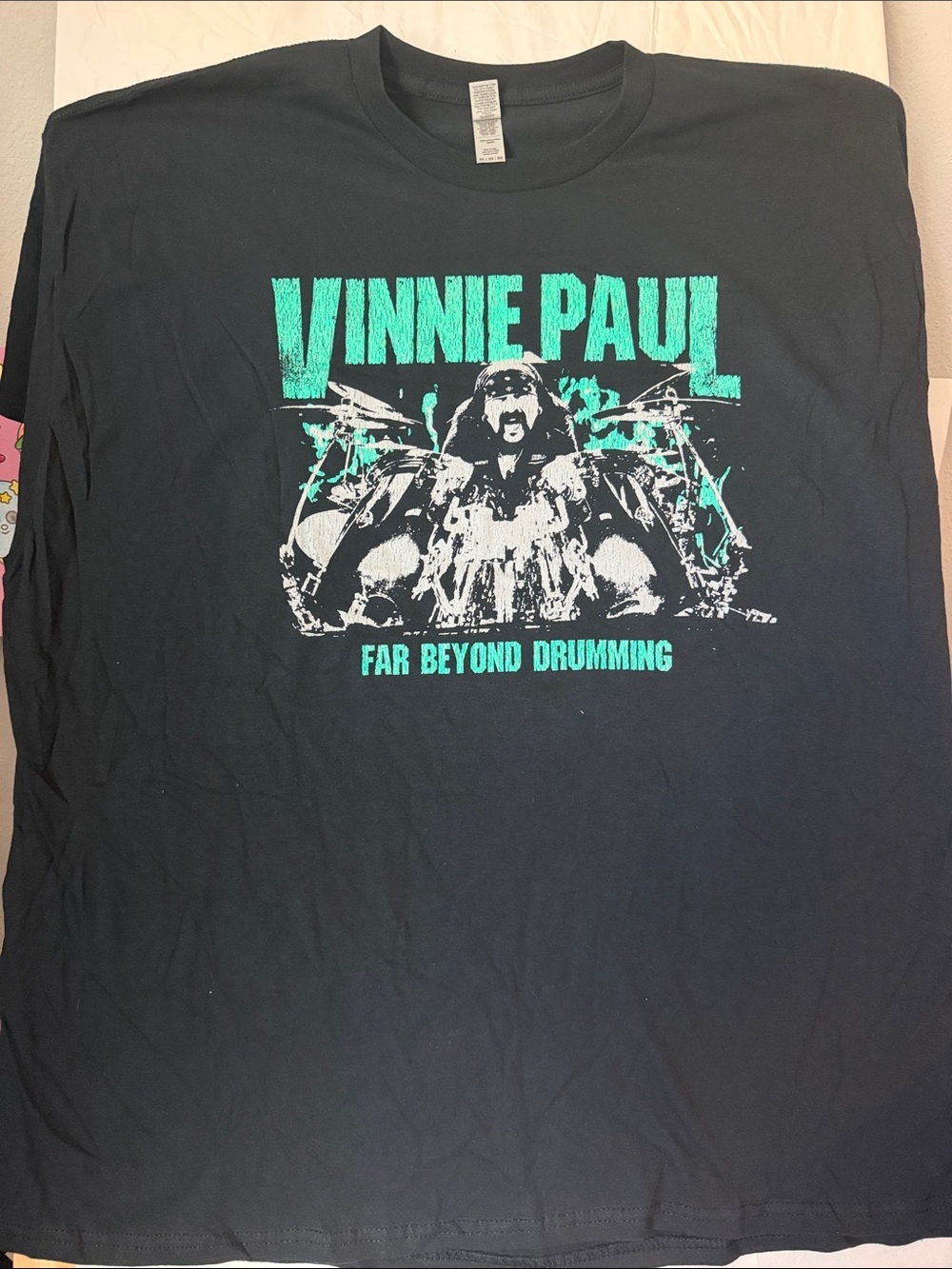 Gildan Black Tee with Teal and White Vinnie Paul Graphic